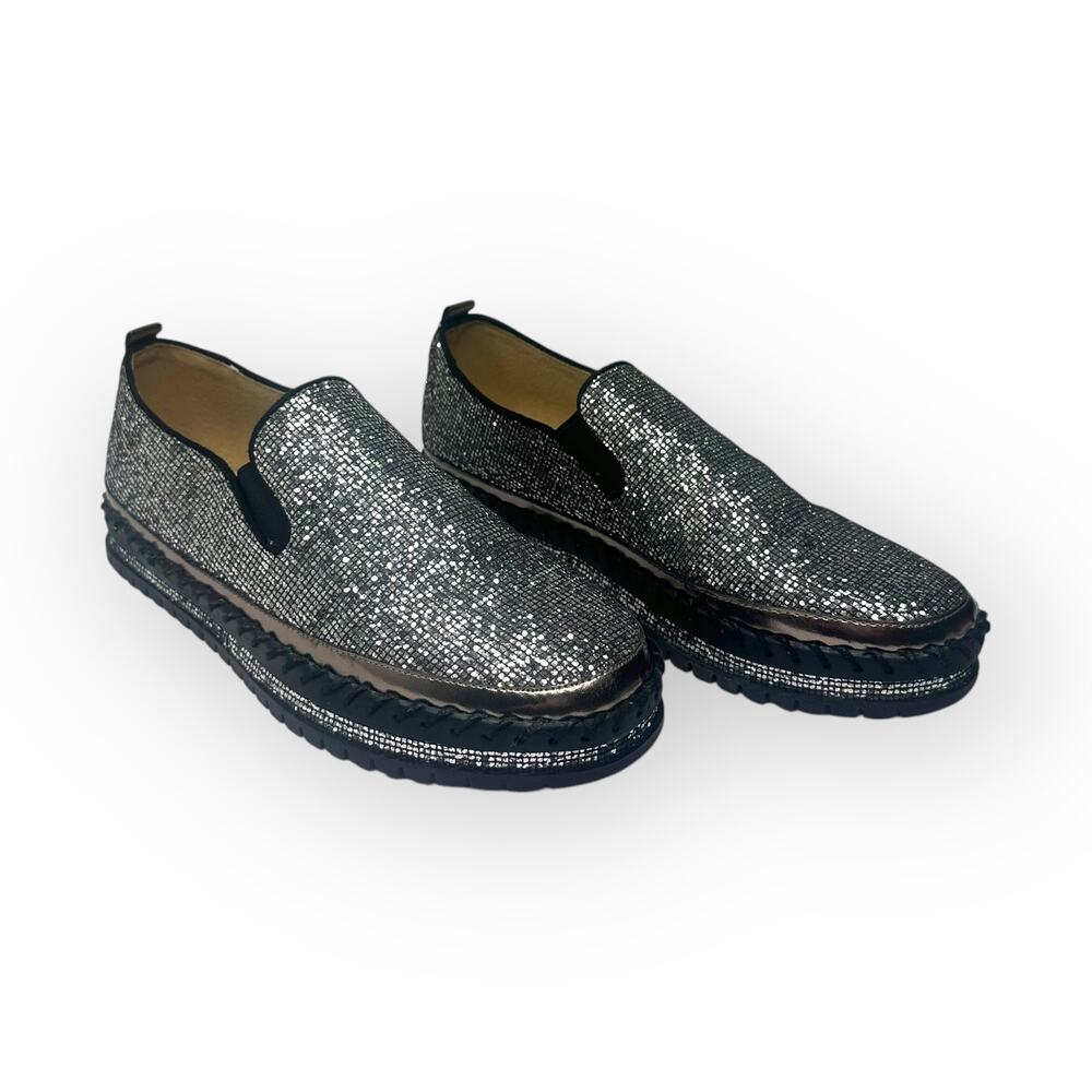 Jolimall Women's Disco Loafer Size 10 Silver Platform Shoe Slip On Glitery Flats